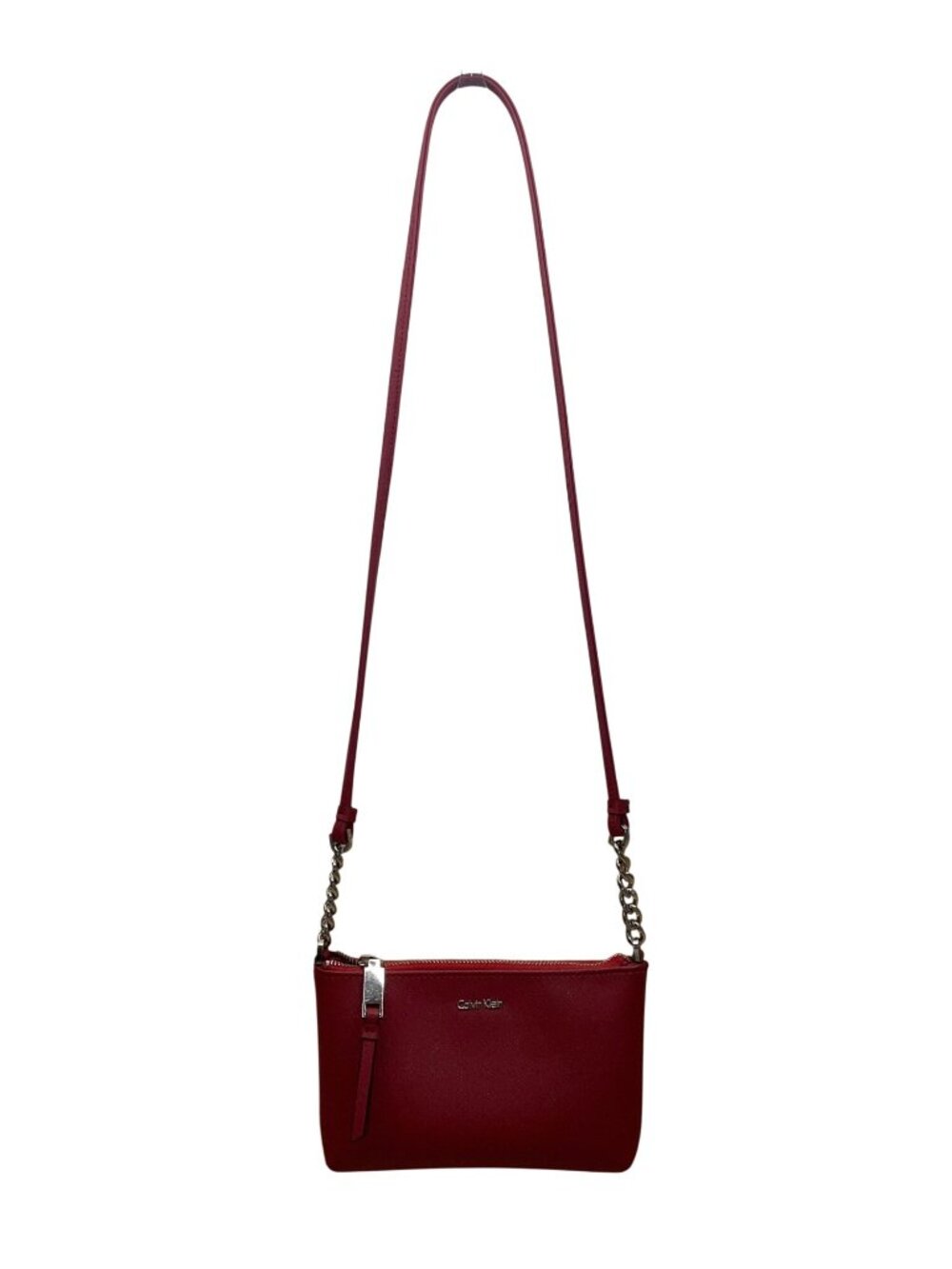 Calvin Klein Women’s Red Faux Leather Chain Strap Zip Closure Crossbody Bag